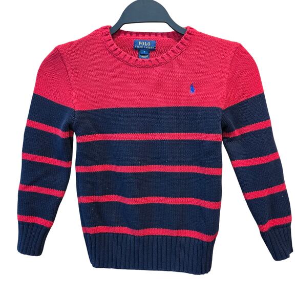 Polo Ralph Lauren Boys Crewneck Striped Sweater Cotton 7 Red Navy Blue Preppy - Picture 1 of 9